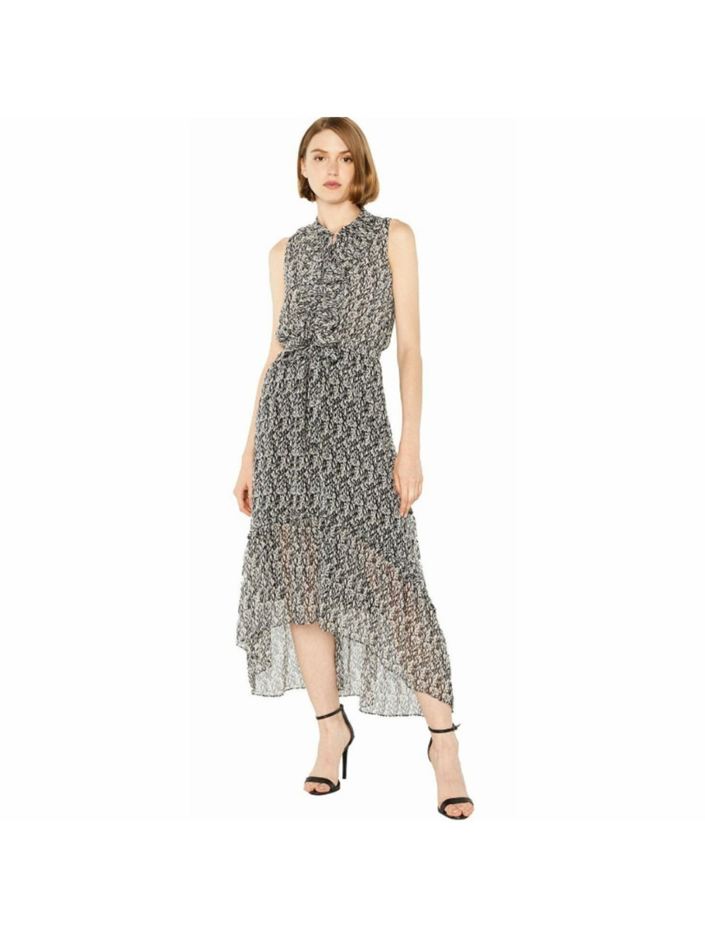 MISA Los Angeles Audra Sleeveless Black & White Printed Tie-Waist Midi Dress M